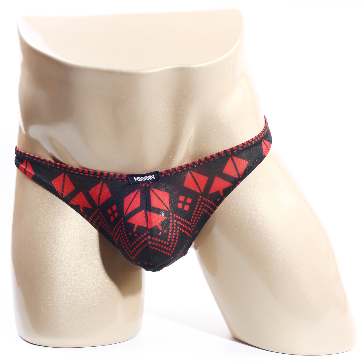 MetroMaleWear Spade Thong 2302-74 black and red geometric-patterned men’s briefs with breathable mesh fabric finish