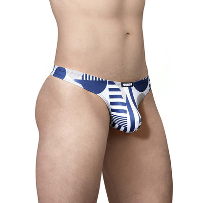 Blue and white patterned men’s briefs with modern geometric design metroMaleWear proyecto thong 2302-79
