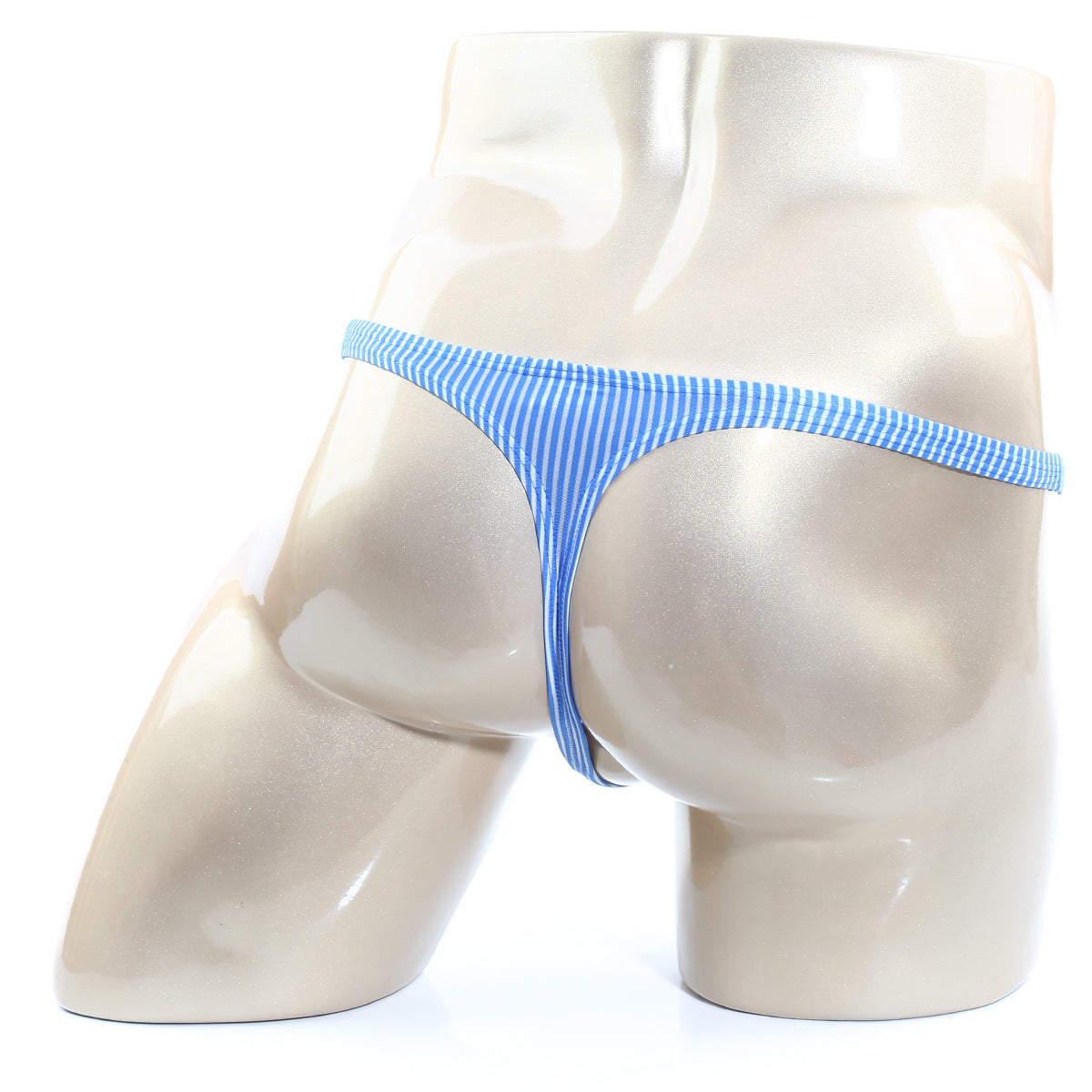 Blue and white striped thong by metromalewear displayed on mannequin showcasing front design in lightweight fabric