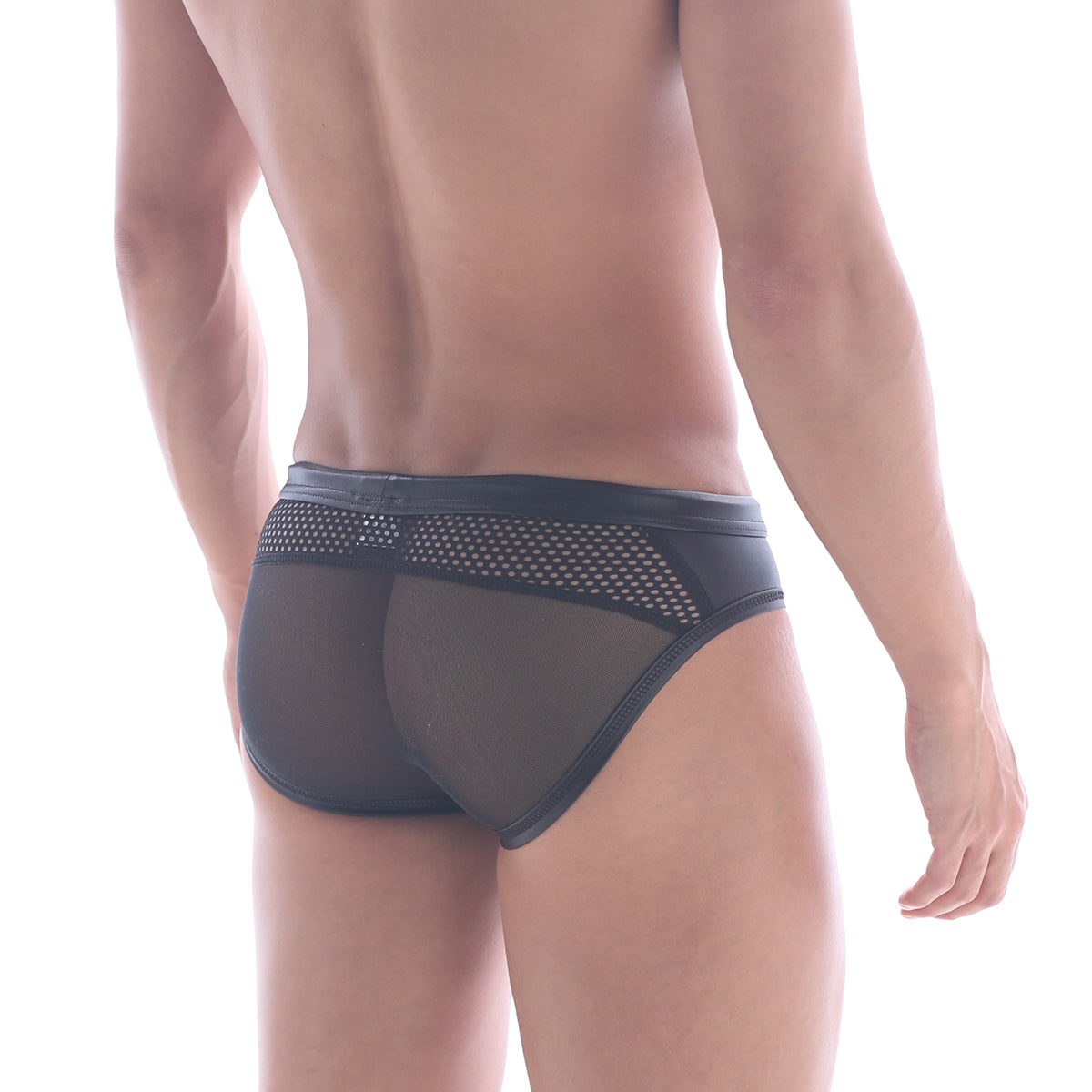 MetroMaleWear sheer hip brief black mesh with perforated waistband and solid black trim front view