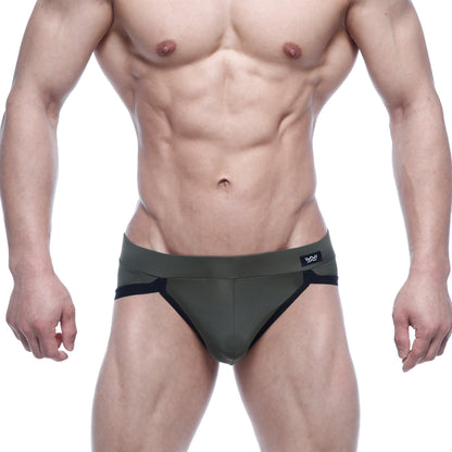Olive green and black athletic briefs with sleek form-fitting design by metromalewear filosofico bikini 2304-26