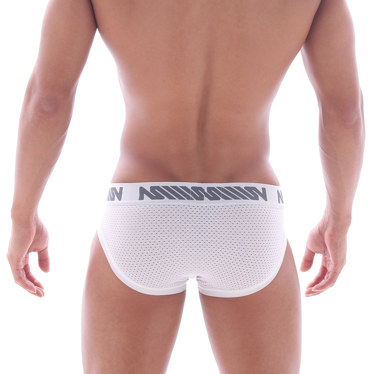 White mesh briefs with gray mission logo band from metromalewear filosofico bikini 2304-40 product image