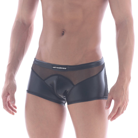 Black glossy mesh briefs with sleek form-fitting design and subtle branding on the waistband metroMaleWear Sheer Hip Trunk