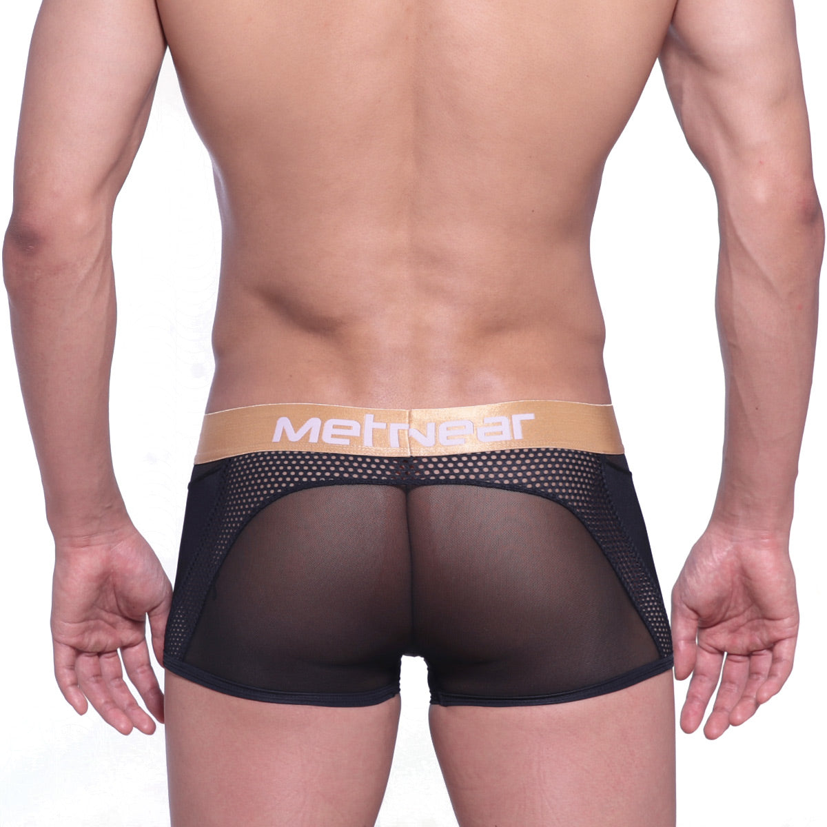 Black mesh briefs with tan metriwear waistband designed for comfort and breathability metro male wear speed mesh hip trunk