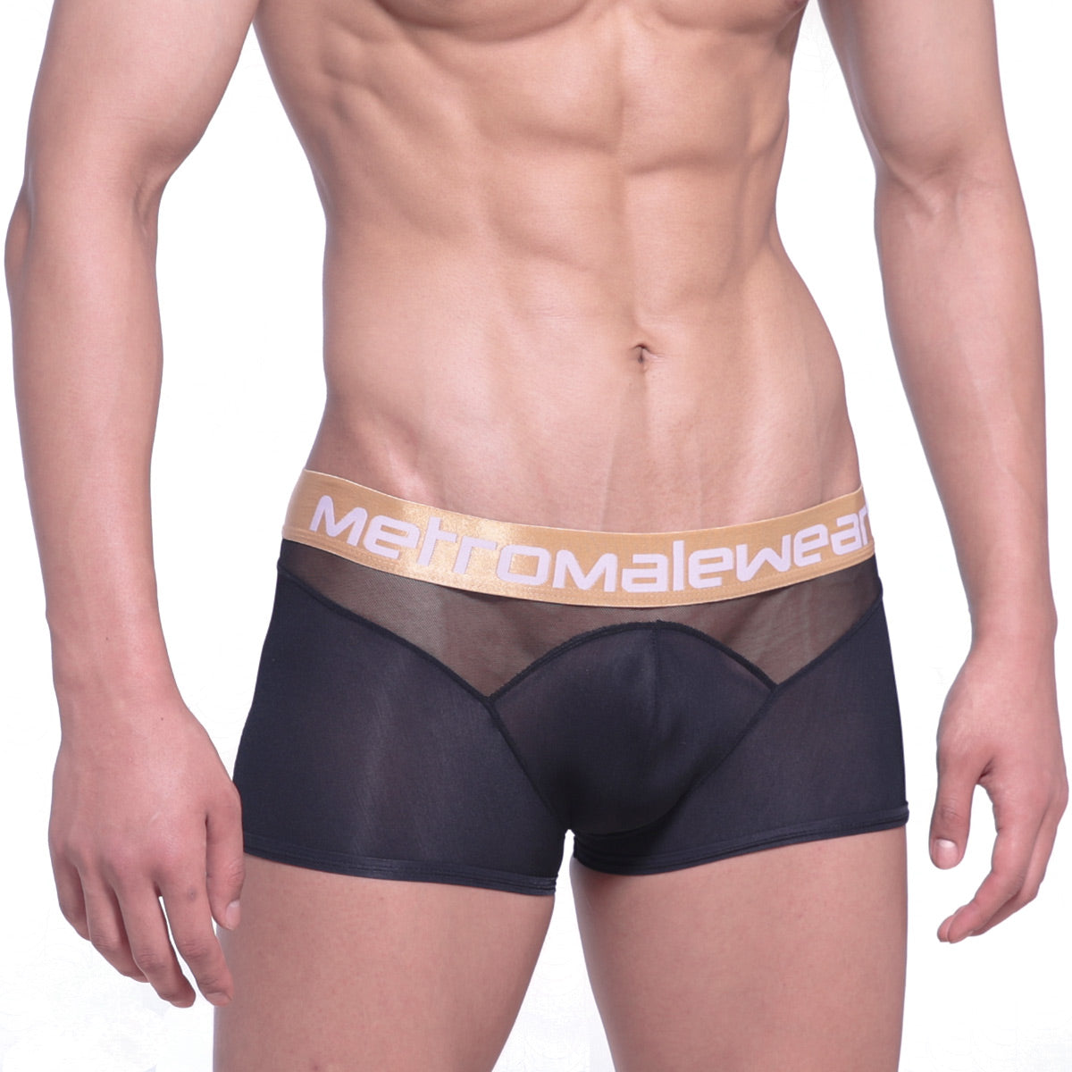 Black mesh boxer briefs with a gold metromalewear waistband speed mesh hip trunk 2314-20 front view