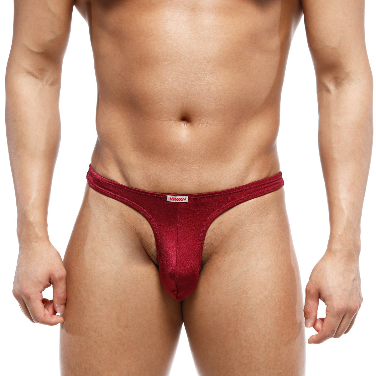 A sleek deep red metroMalewear fria thong made of smooth stretchy fabric with a subtle sheen and white brand tag