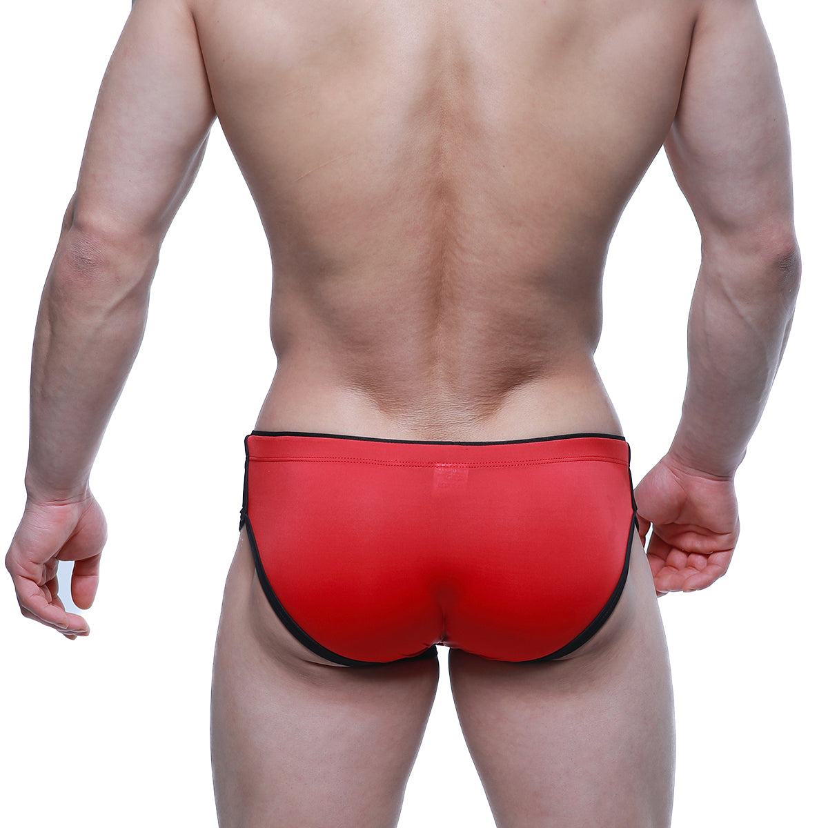 MetroMaleWear Havana short boxer red swim trunks with black trim designed for comfortable beachwear