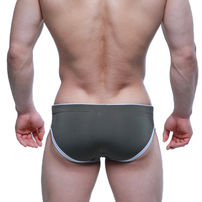 MetroMaleWear Havana Short Boxer green swim trunks with dark olive green fabric and white trim on waistband and legs