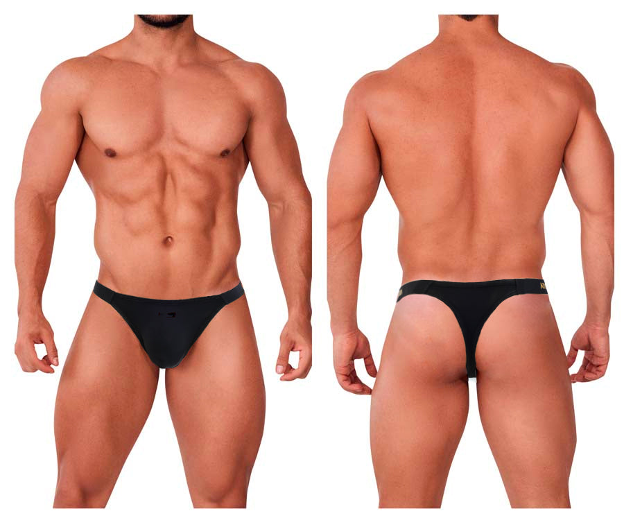 Black thong briefs by MetroMaleWear Estrema with sleek minimalist design and subtle branding on waistband in black