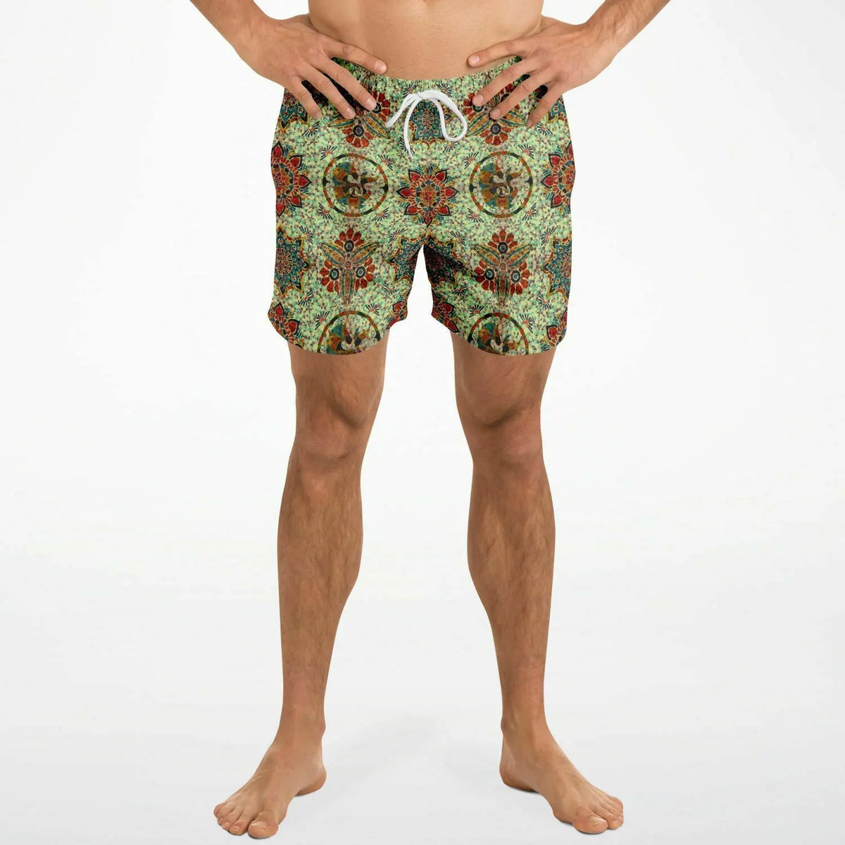 Men's swim shorts by Maris Equi featuring a colorful mosaic pattern elastic waistband and drawstring closure.