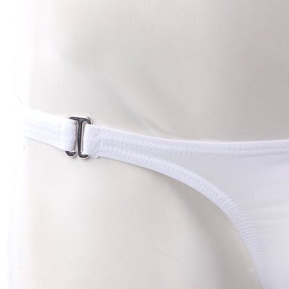 White nylon bikini bottom with a silver metal buckle from MetroMaleWear Fria Thong detachable white 2422-00