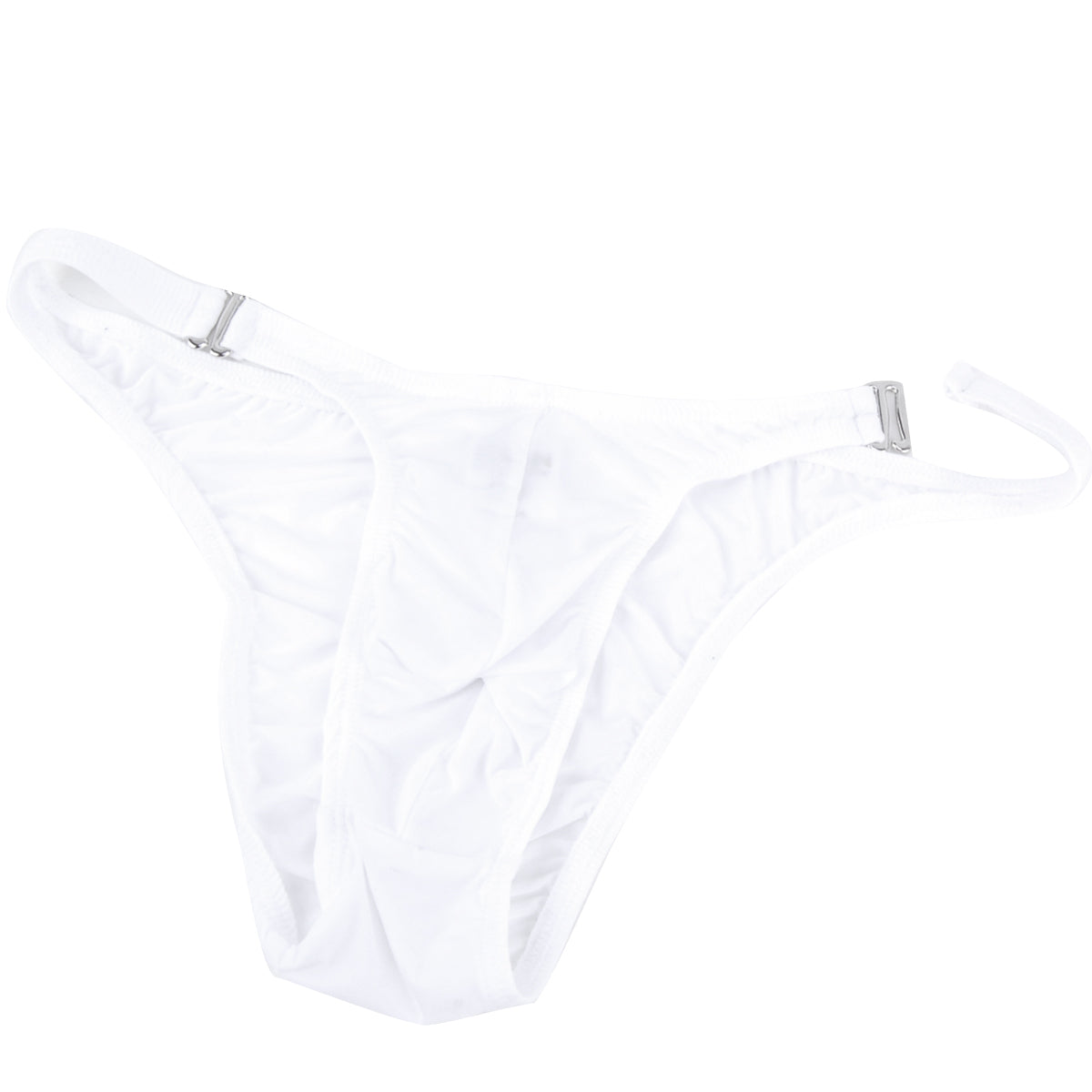White thong by metromalewear made of smooth stretchy fabric with silver metal clasps at the sides
