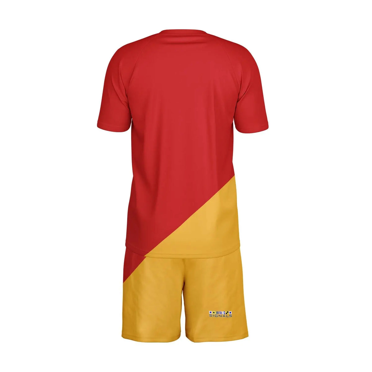 Red and yellow men's shorts and top set by Maris Equi featuring a color-block design with short sleeves and a relaxed fit.