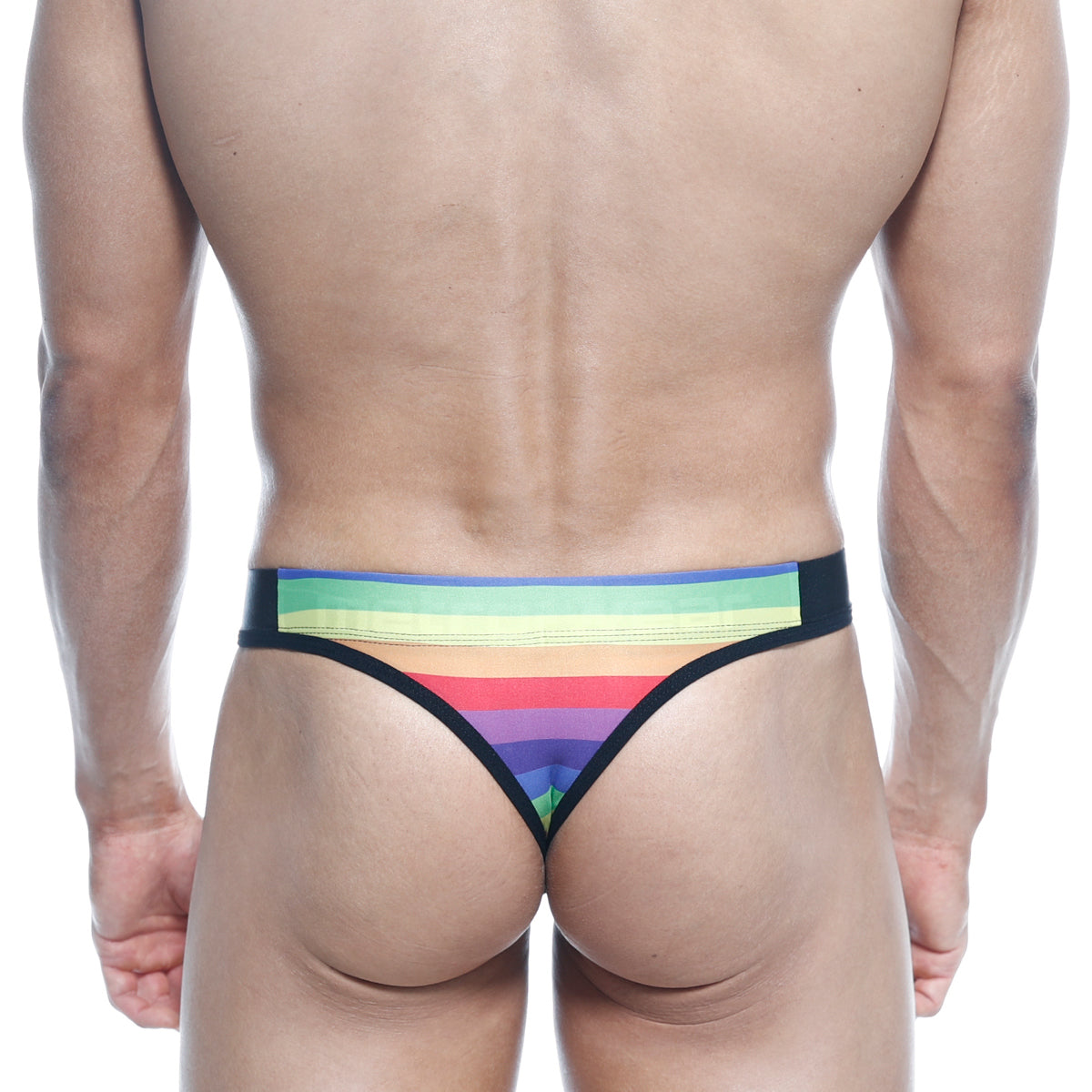 MetroMaleWear rainbow thong 2502-04 with rainbow stripes and black trim, showcasing the front side