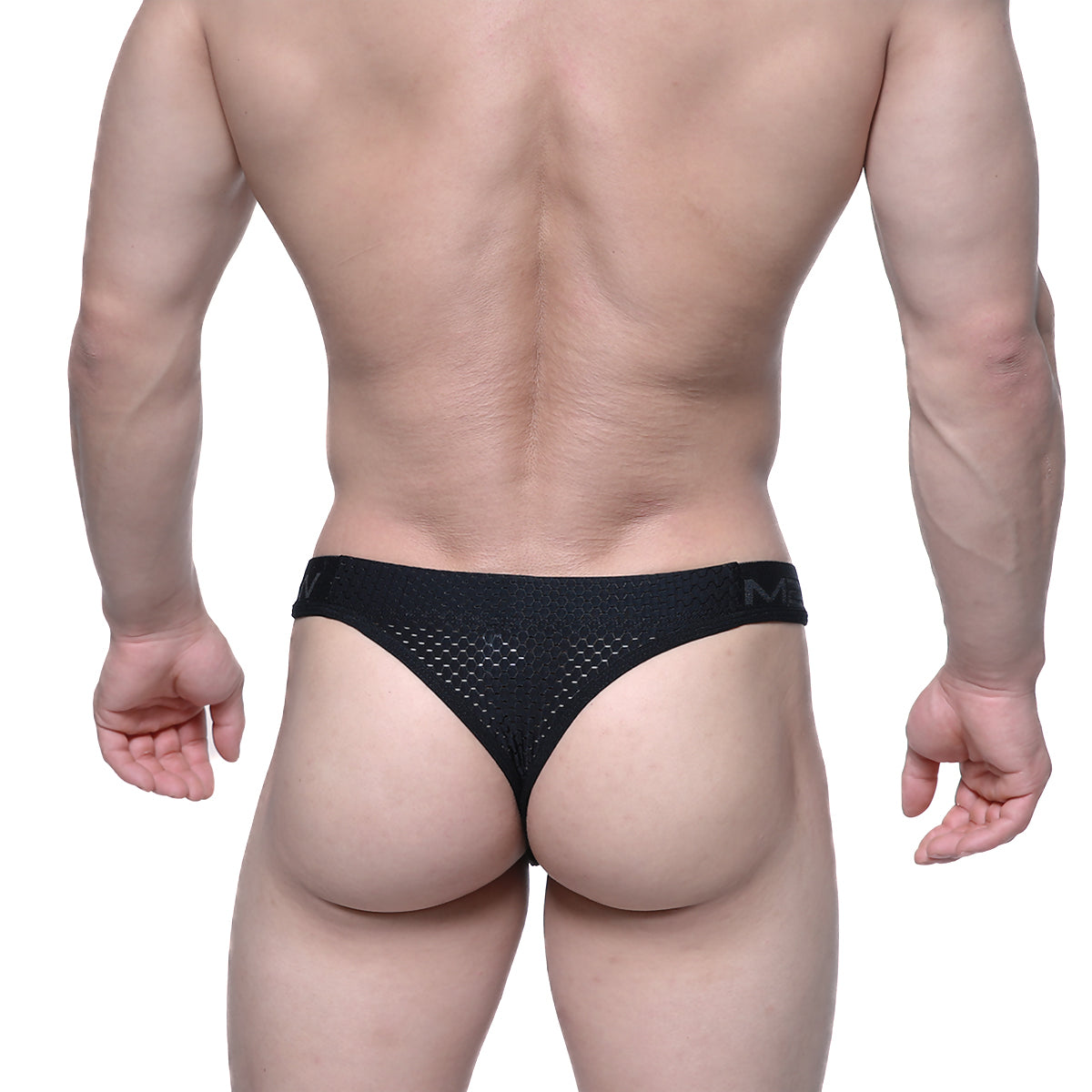 Black mesh thong with subtle textured pattern and branded waistband by MetroMaleWear basic thong intense 2502-22