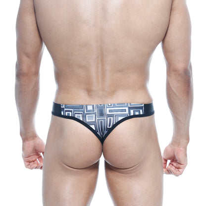 Black thong with white and gray geometric pattern from metromalewear basic thong basalto 2502-23 shown from front
