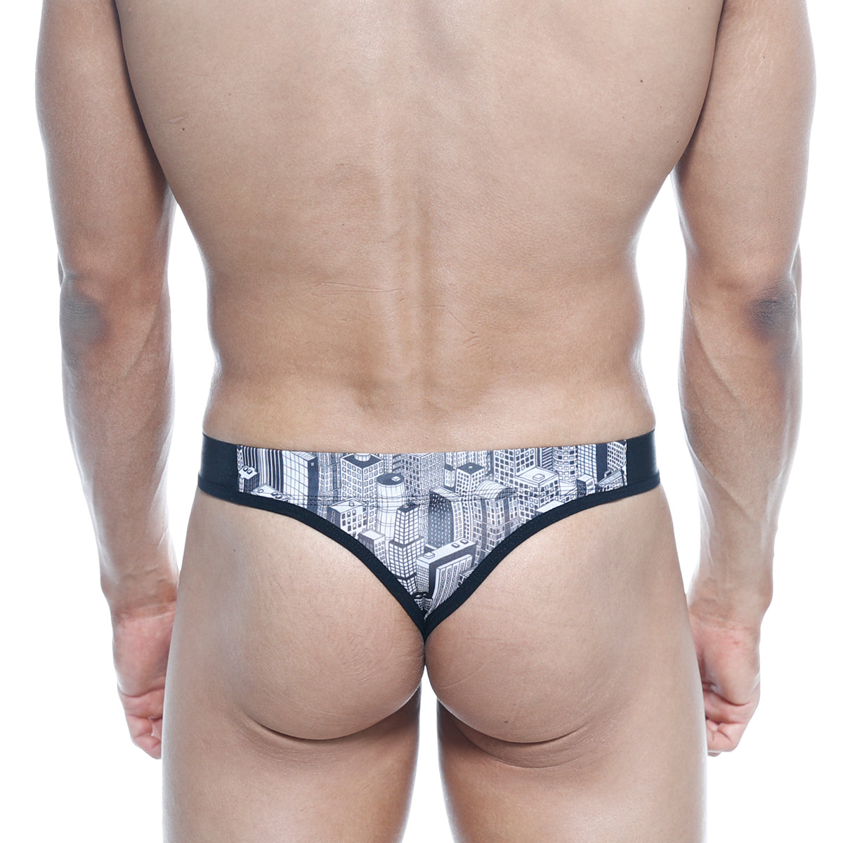 Black thong with detailed black and white cityscape print from MetroMaleWear basic thong Metro 2502-48