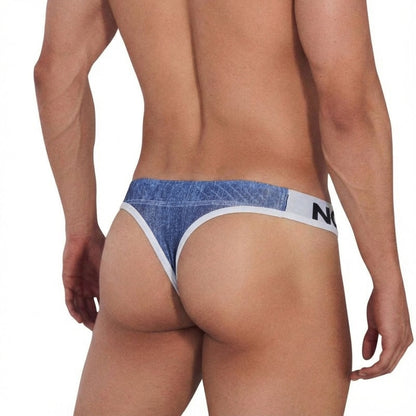 Blue denim-patterned thong with white trim and MetroMaleWear branded waistband front view indigo 2502-55