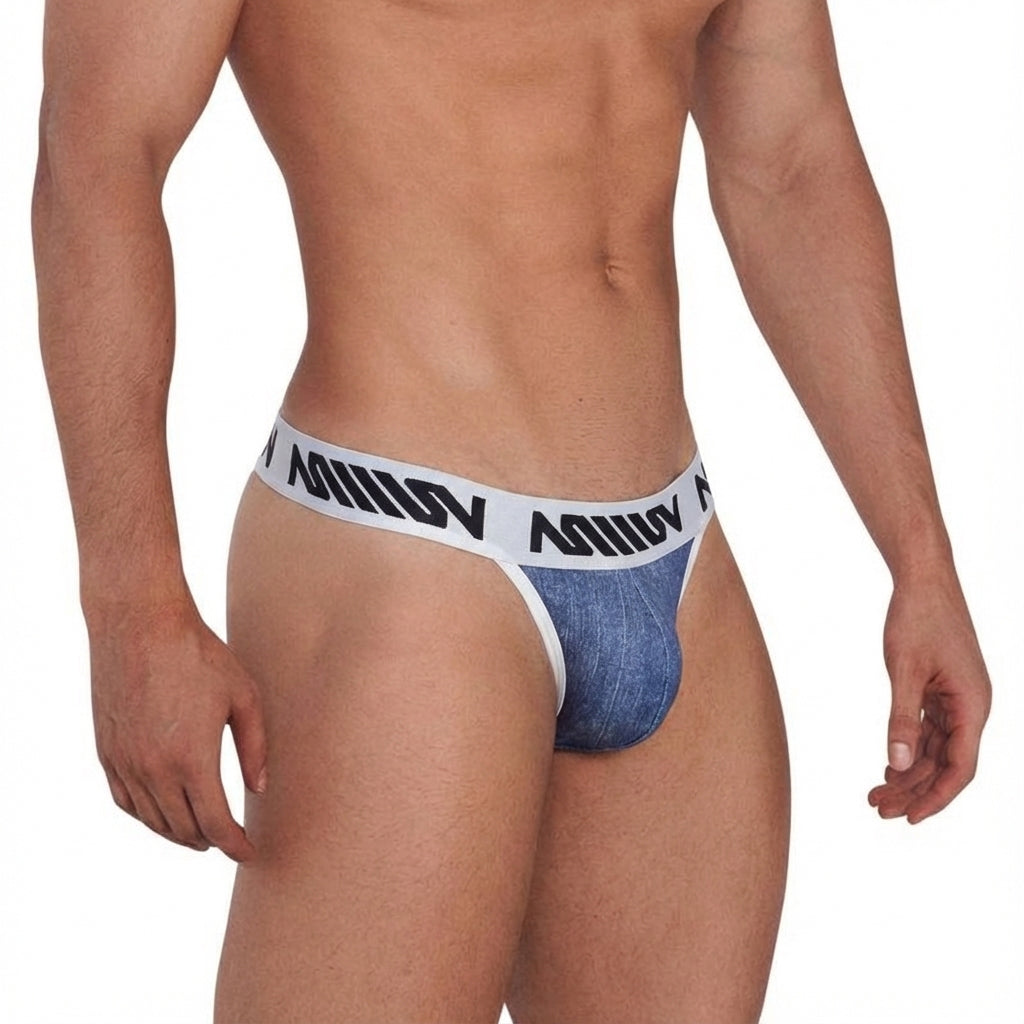 Blue denim textured men’s thong with white elastic waistband and black miliv branding metroMalewear denim thong indigo