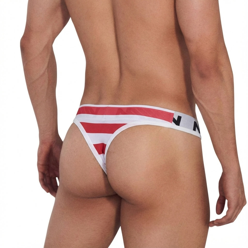 MetroMaleWear stripe thong 2502-92 white and red striped with black logo on waistband front view cotton blend