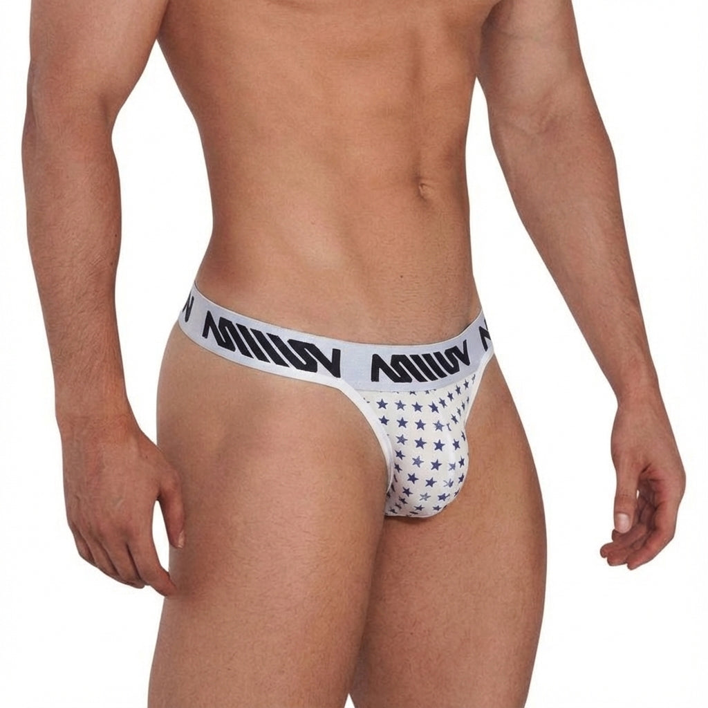 White men’s briefs with navy blue star pattern and matching miiow waistband from metromalewear stripe thong 2502-92
