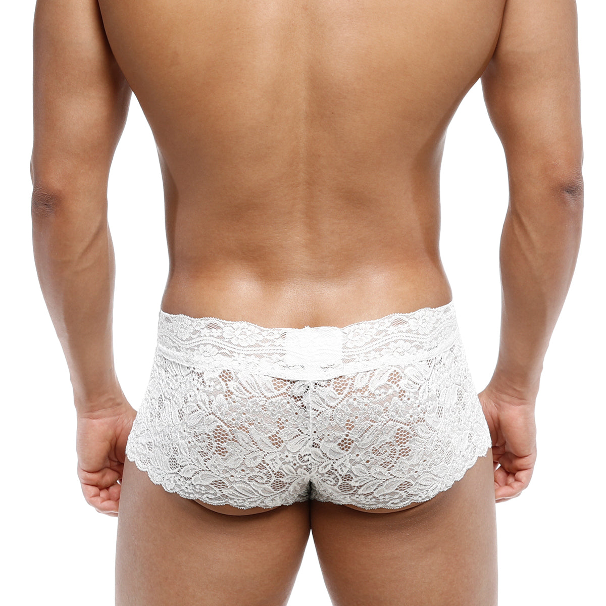 MetroMaleWear lace trunk white 2613-00 features white lace briefs with intricate floral patterns and scalloped hemline