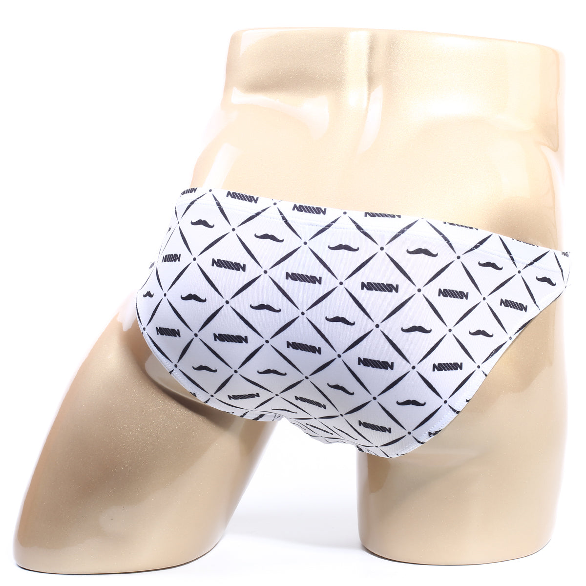 White briefs with black geometric mustache pattern and mission text from metromalewear vendeta bikini gentleman 2614-03