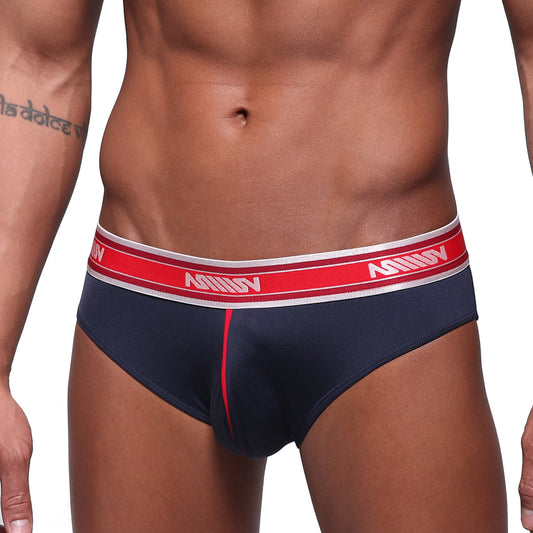MetroMalewear mirage bikini dark blue briefs with red and white elastic waistband and anhuv logo