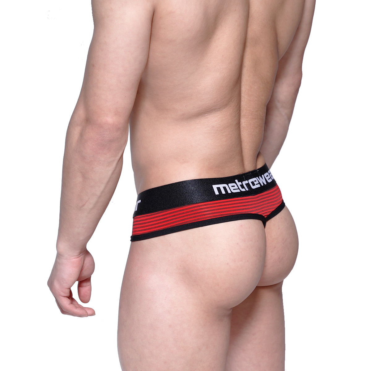 MetroMaleWear fine thong in red and black stripes with a sleek form fitting design shown from the back side