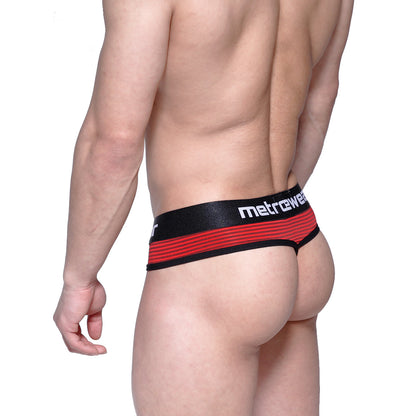 MetroMaleWear fine thong in red and black stripes with a sleek form fitting design shown from the back side