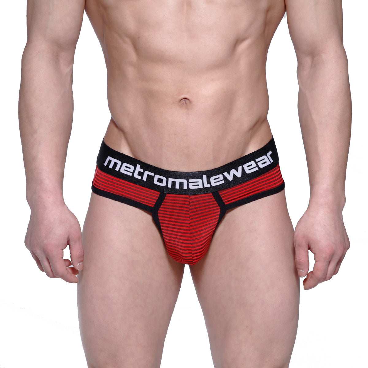 Red and black striped mens briefs with branded waistband from MetroMaleWear fine thong red stripe 2712-42