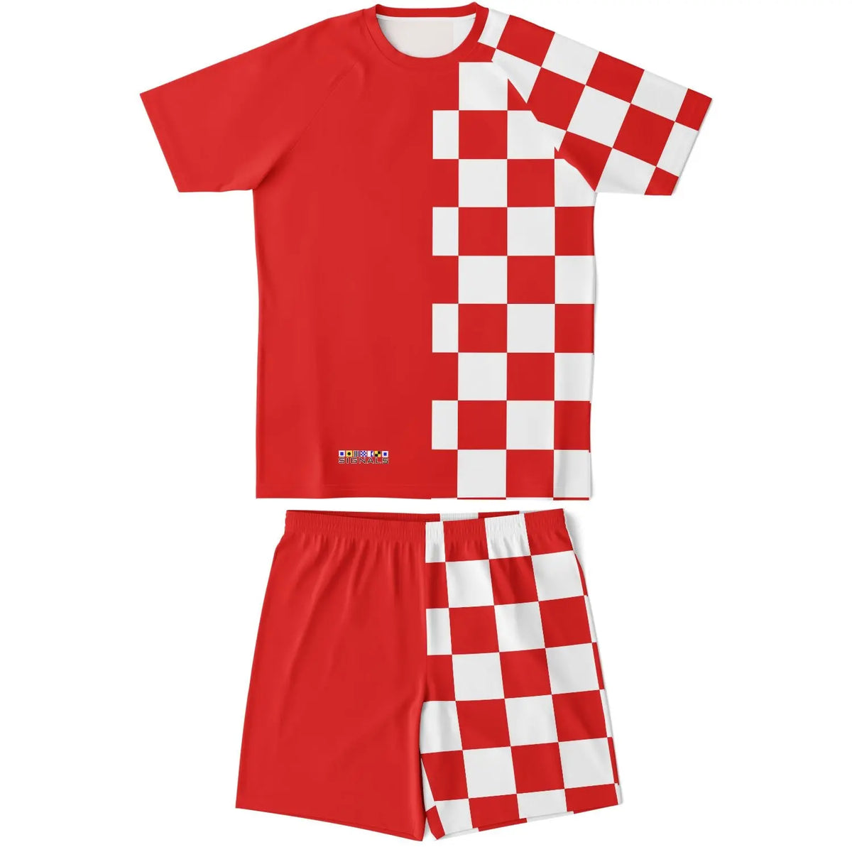 Red and white checkered short-sleeve top and matching shorts set by Maris Equi made from lightweight fabric.