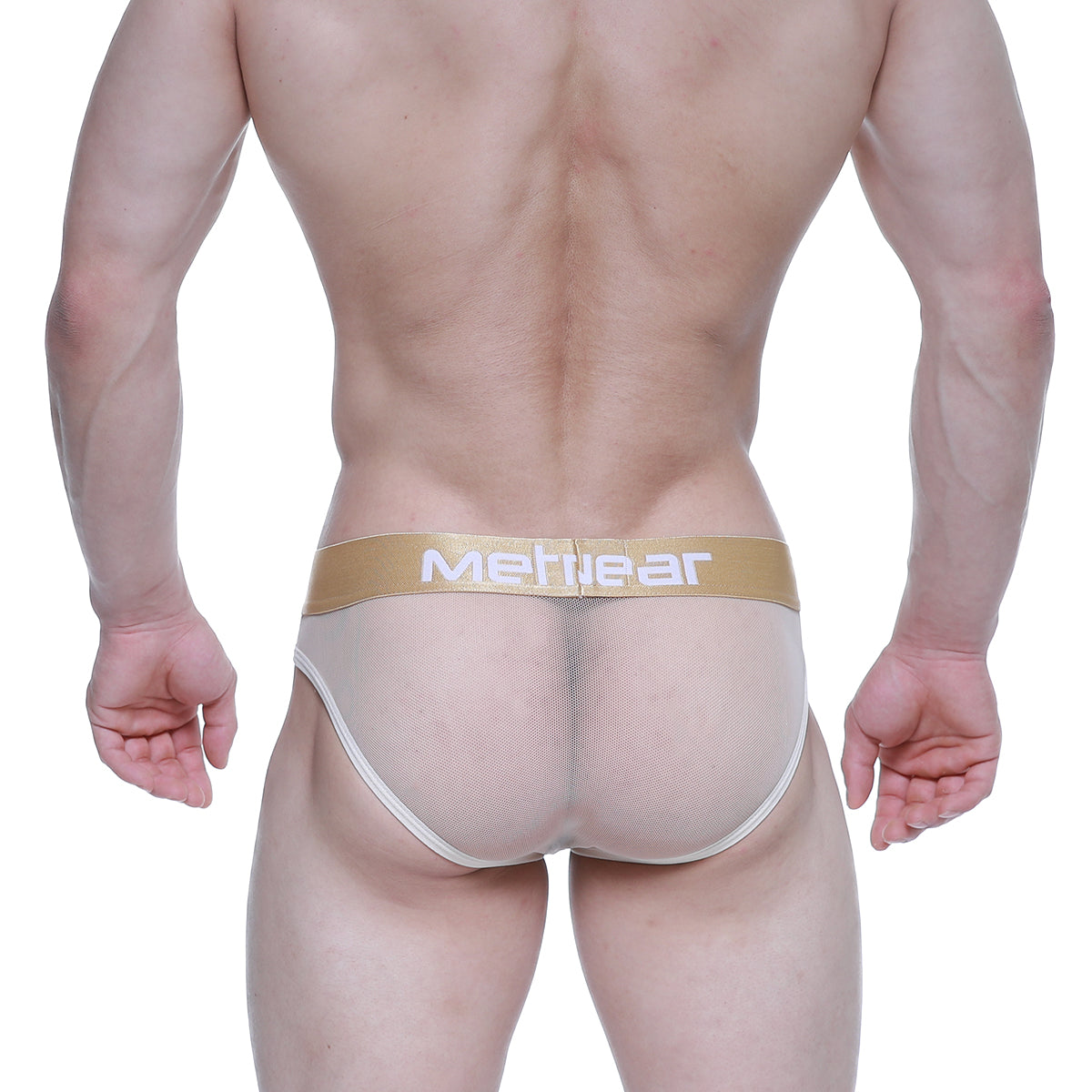 Beige mesh briefs with gold meltwear logo waistband from MetroMaleWear nude brief 2803-02 product line