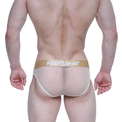 Beige mesh briefs with gold meltwear logo waistband from MetroMaleWear nude brief 2803-02 product line