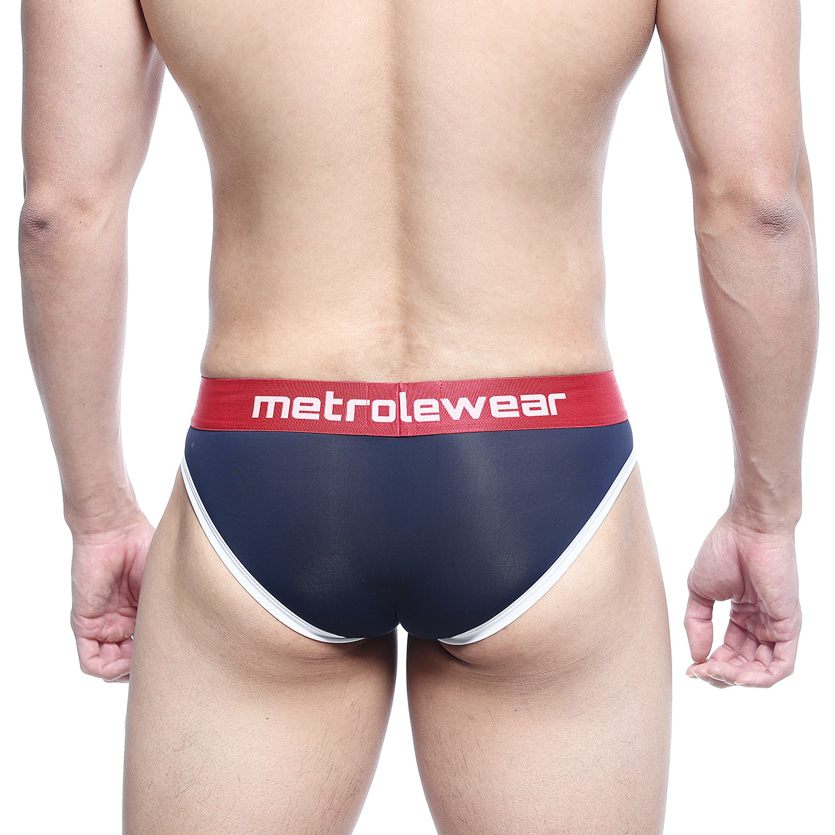 Navy blue and white men’s briefs with red waistband featuring metrowear logo metro malewear hawk brief 2803-28