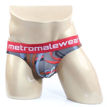 Gray and red patterned men’s briefs with bold metromalewear logo on elastic waistband metroMaleWear Padu Brief 2803-33