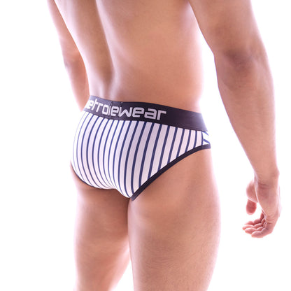 Navy and white striped mens briefs with black retrowear waistband metro malewear bruno brief marine blue 2803-40
