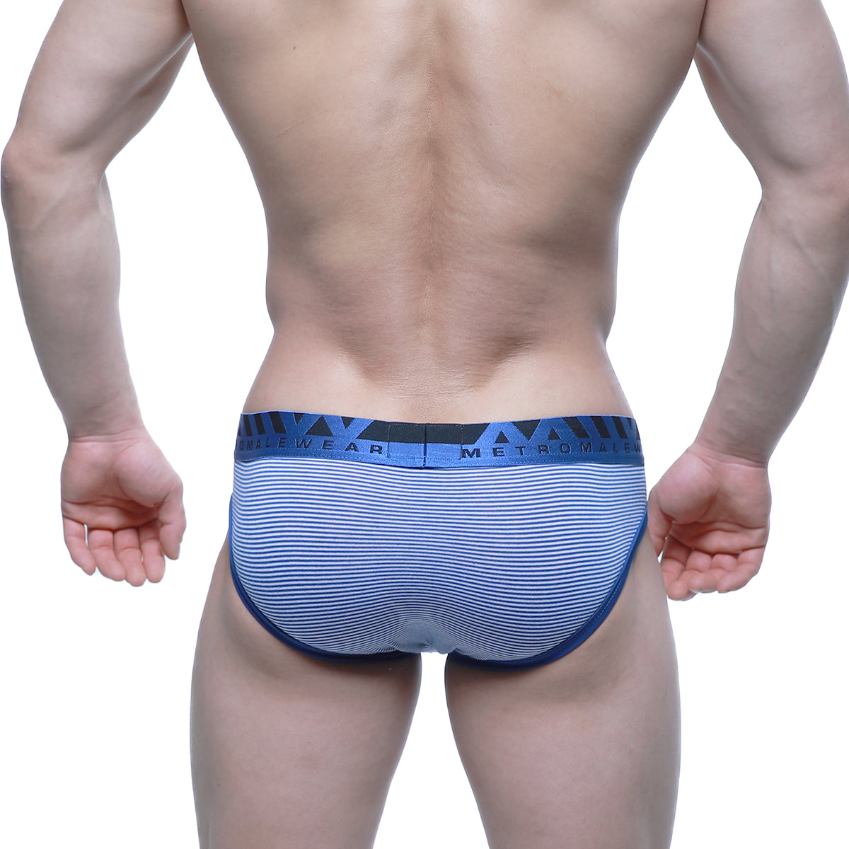 Blue and white striped men’s briefs with navy metroman waistband metro malewear miramar bikini blue 2803-42