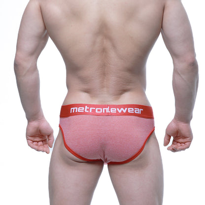 Red and white striped mens briefs with bold red metronewear waistband from metromalewear miramar bikini 2803-43