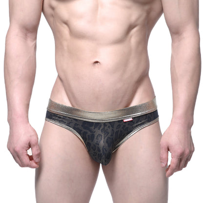 MetroMaleWear gloss bikini gold 2803-50 black leopard print mesh briefs with metallic gold waistband front view