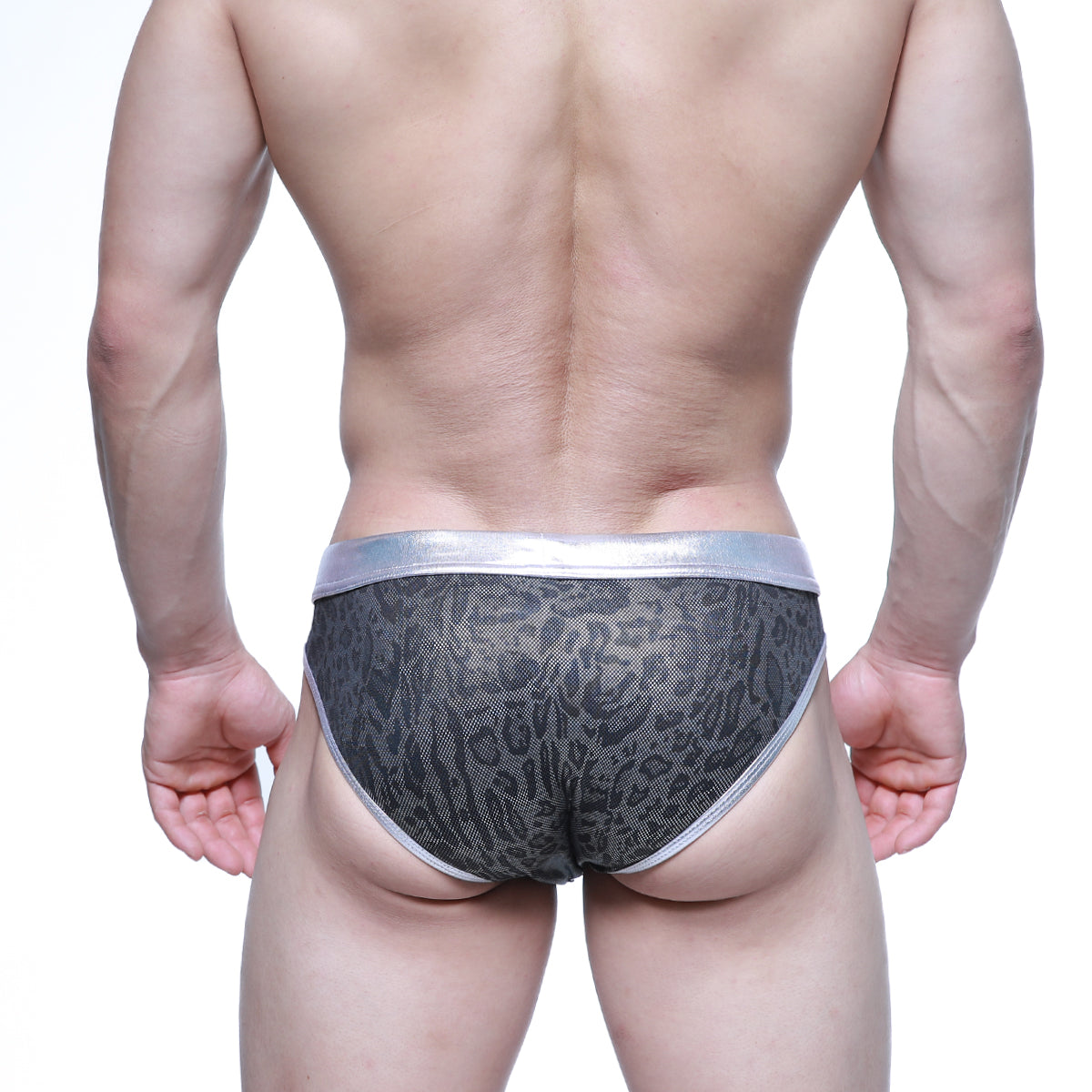 Gray patterned briefs with metallic silver waistband and trim from MetroMaleWear gloss bikini silver 2803-51 collection