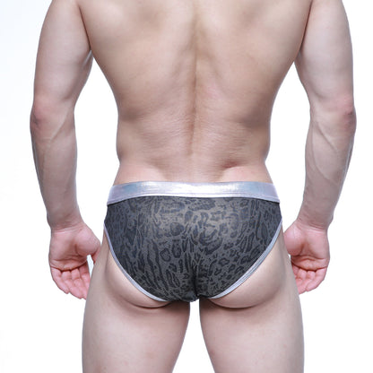 Gray patterned briefs with metallic silver waistband and trim from MetroMaleWear gloss bikini silver 2803-51 collection