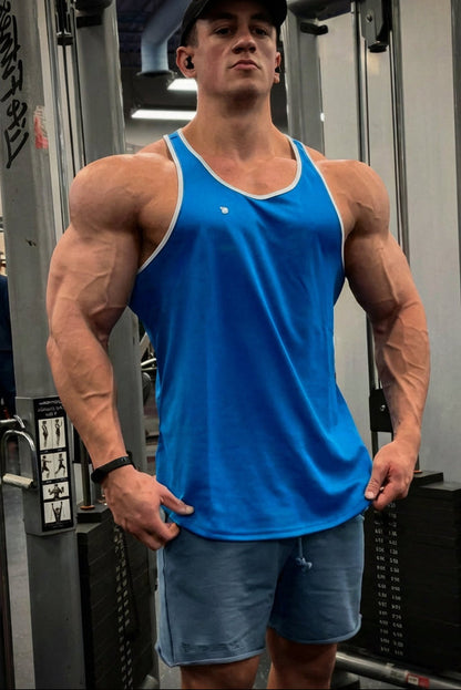 Jed North Men's Fast-Dry Bodybuilding Workout Stringer - Blue w/ White