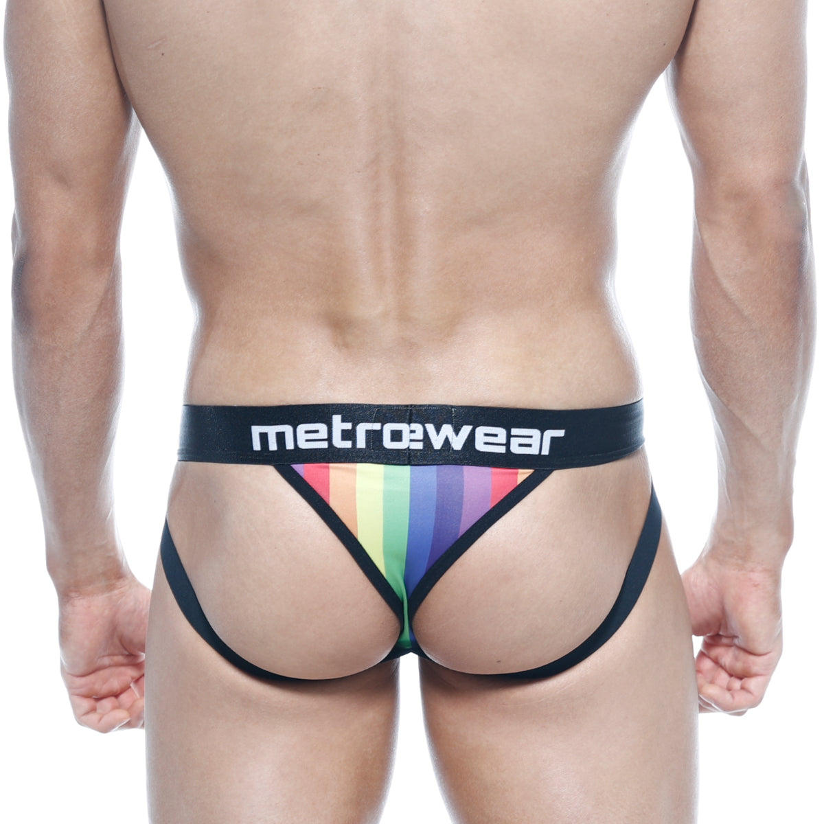 Black metromalewear sports jock thong briefs with vibrant rainbow stripe pattern for stylish activewear use