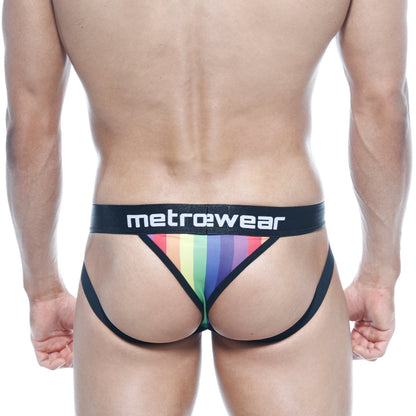 Black metromalewear sports jock thong briefs with vibrant rainbow stripe pattern for stylish activewear use