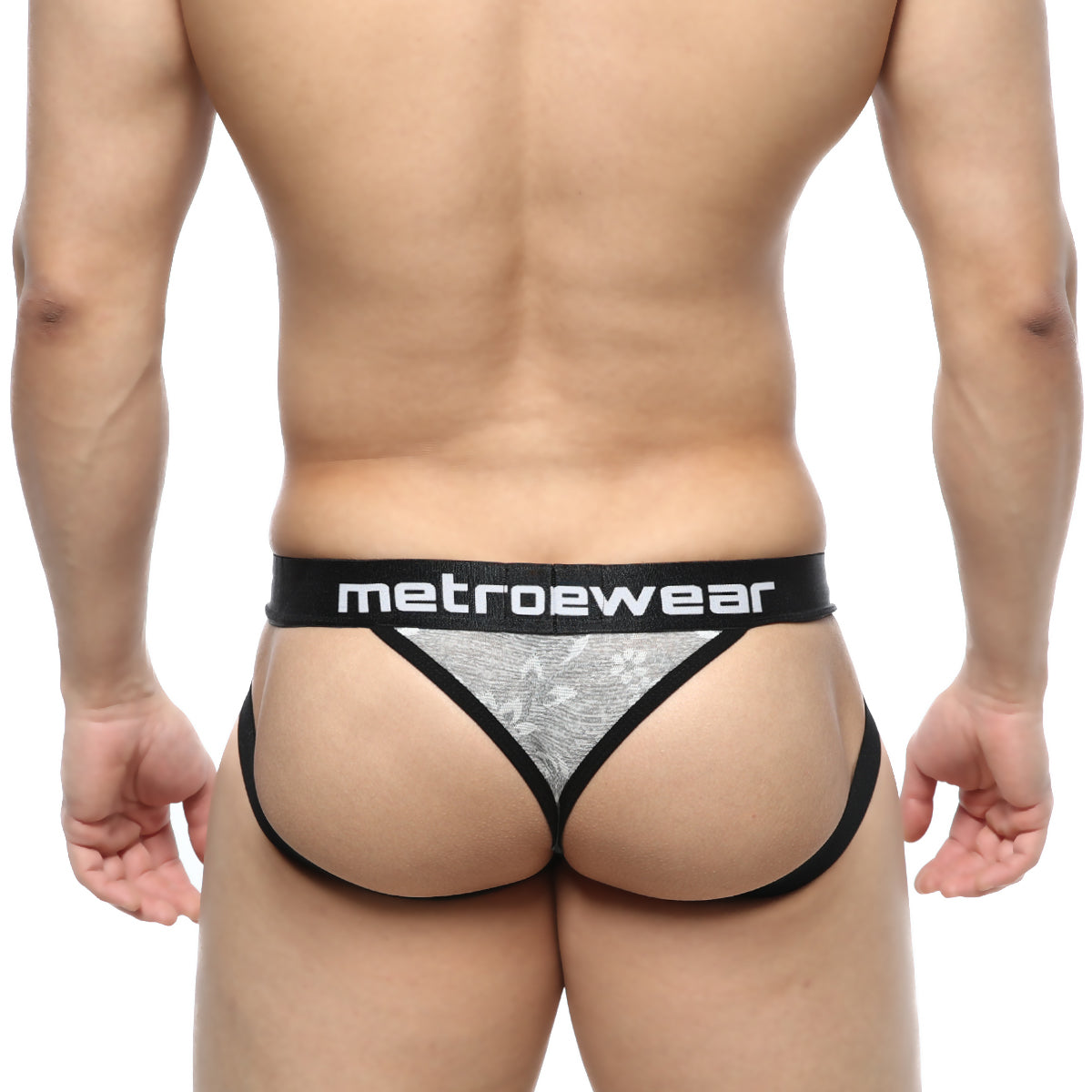 Black and silver patterned jacquard thong with metroewear branded waistband from metromalewear gray 2901-07 collection