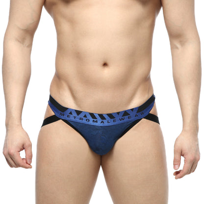 Blue and black metromalewear jacquard jockstraps with patterned waistband metro 2901-18 front view