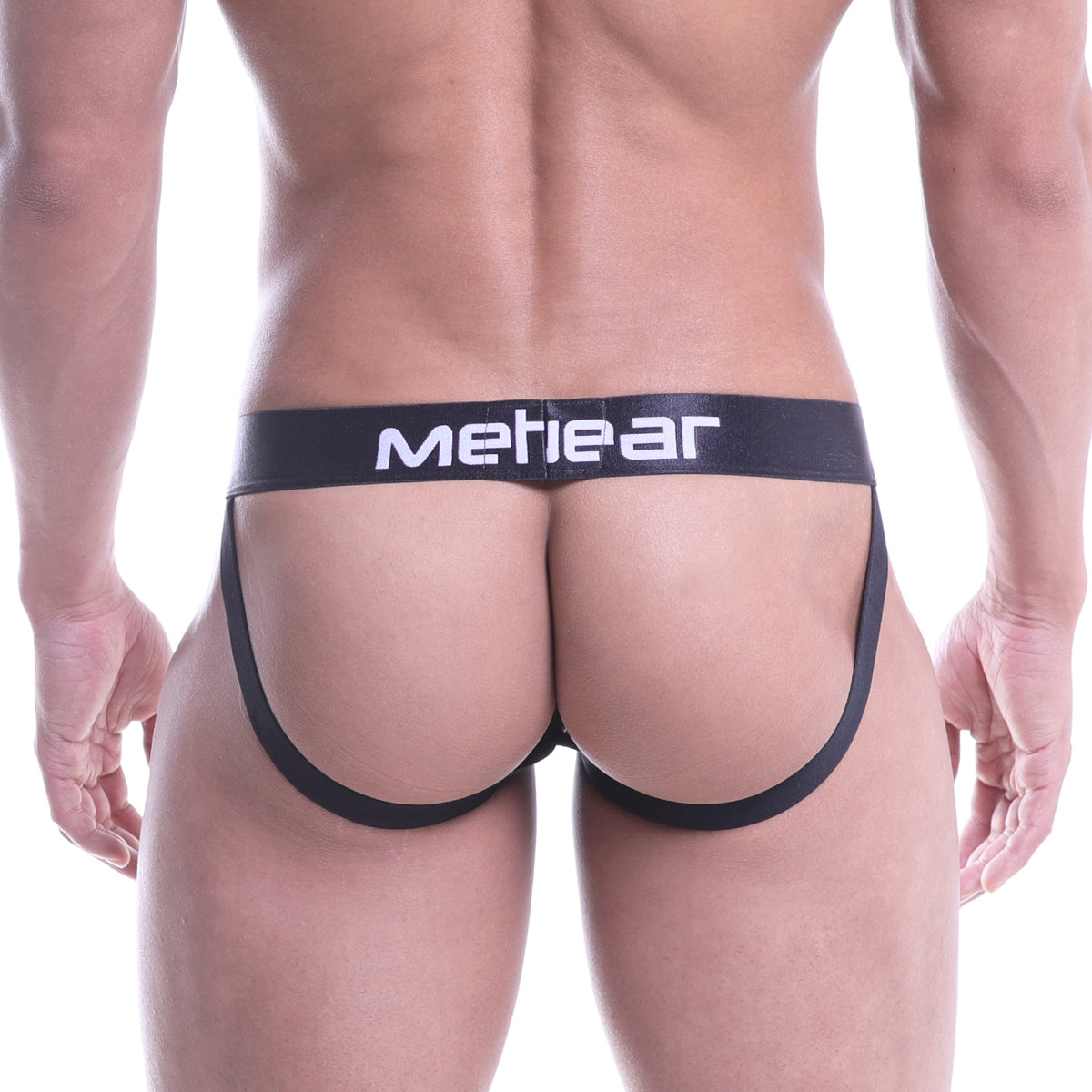 Black meheear brand briefs with white waistband lettering shown from the back in metro malewear bandal jock strap green 2901-33