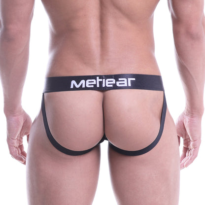 Black meheear brand briefs with white waistband lettering shown from the back in metro malewear bandal jock strap green 2901-33