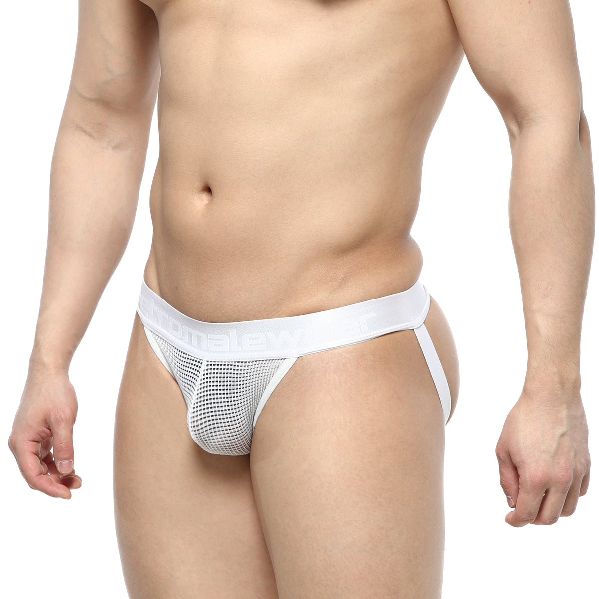 White mesh briefs with a smooth elastic waistband from metromalewear grid mesh jockstraps white 2901-34